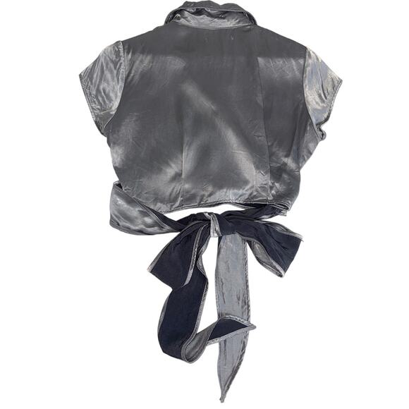 Y2K Rampage Silver Metallic Wrap Top Blouse Medium Going Out Top Crop Futuristic - Picture 2 of 6